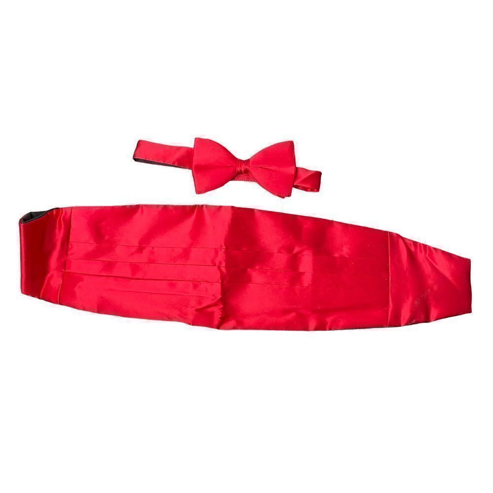 Shiny red Cummerbund and matching bow tie both adjustable